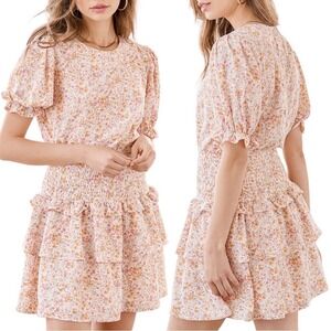 LULUS Isn't She Darling Blush Floral Print Puff Sleeve Mini Dress. Size Large